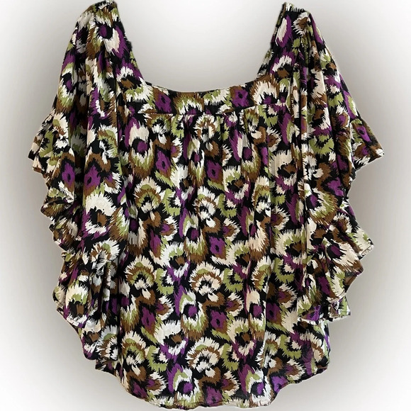 Terra & Sky Square Neck Peasant Multi Colored Pullover Top Flutter Sleeves, 4X - Picture 4 of 10
